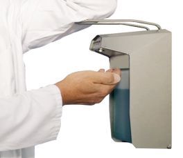 Dispenser sapone/disinfettante a muro con leva a gomito.